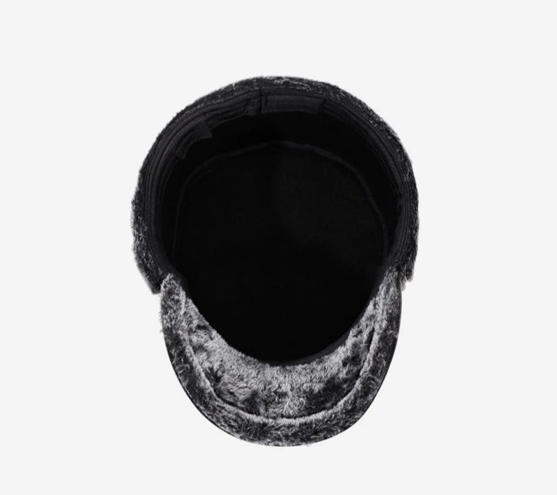 Mens Leather Flat Top Baseball Cap Warm Ear Hat for Elderly in Autumn Winter Thickened Fleece-lined Cold Cap