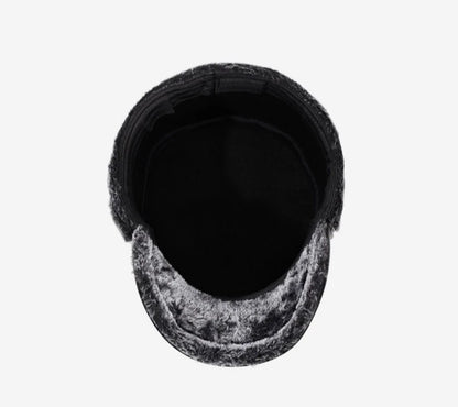 Mens Leather Flat Top Baseball Cap Warm Ear Hat for Elderly in Autumn Winter Thickened Fleece-lined Cold Cap