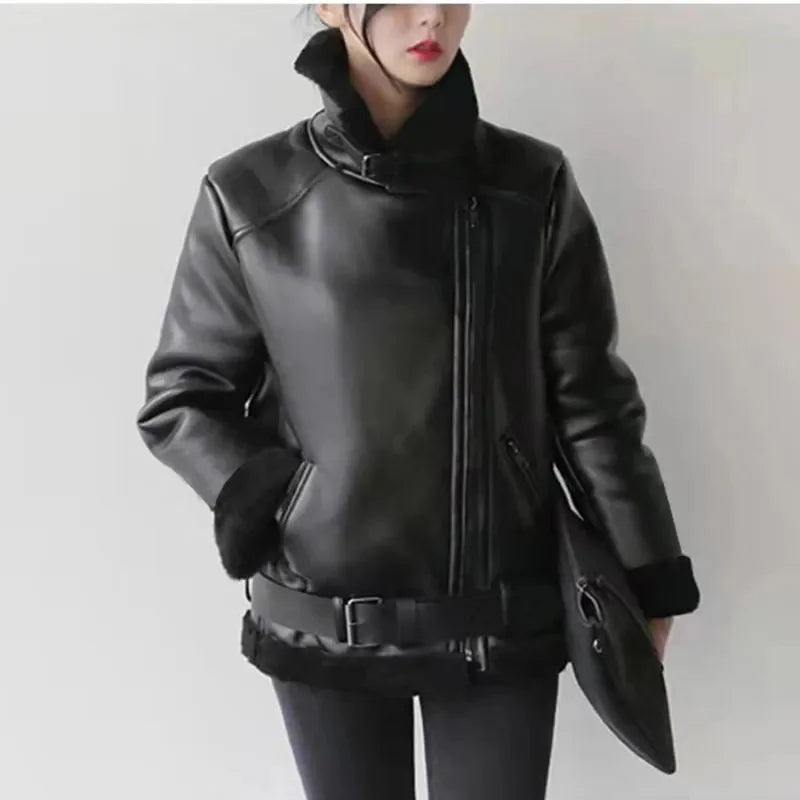 Women Leatherette Coat Female Loose Outwear Extra Thick Warm Extra Thick Lamb Wool New Autumn Winter Pu Leather Jacket