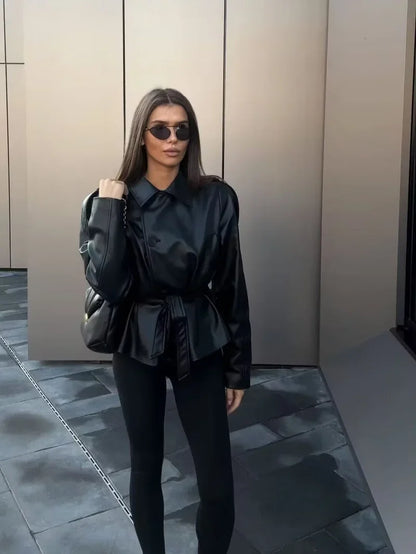 2026 Autumn Winter New Fashion Belt Leather Jacket Coats Women Long Sleeve Windbreaker Black Coat Female Streetwear Leather Coat
