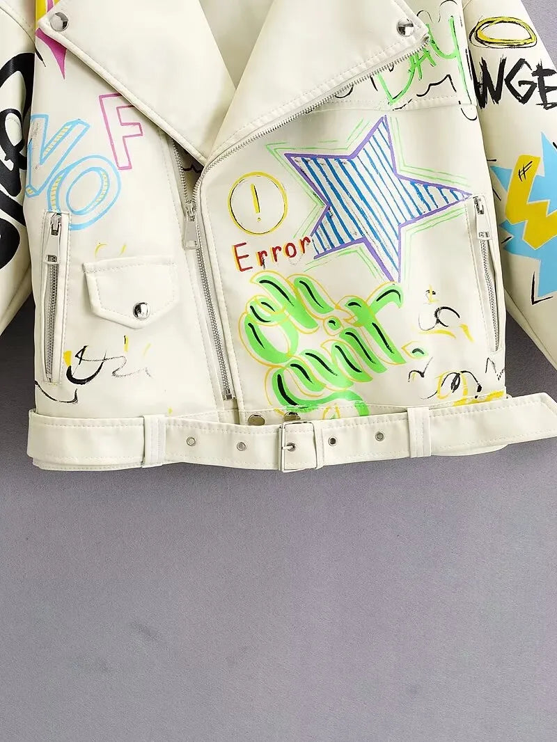 Fashion Brand Coat PU Leather Jacket Women Colorful Print Graffiti Soft Punk Coats Slim Locomotive Cropped Jacket Leather Top 1