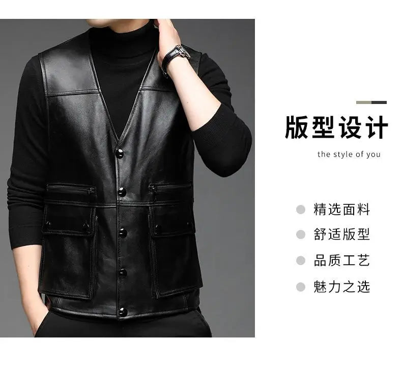 Genuine Leather Motorcycle Vest Mens sheepskin Leather Waistcoat biker sleeveless jacket clothing chaleco bullet proof club vest