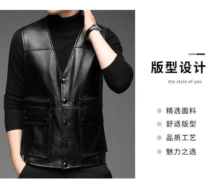 Genuine Leather Motorcycle Vest Mens sheepskin Leather Waistcoat biker sleeveless jacket clothing chaleco bullet proof club vest