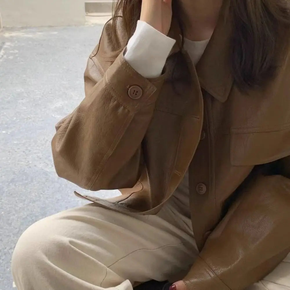 Fashion Lapel Collar Leather Jacket Women Outerwear Retro Vintage PU Coats Korean Chic Windbreaker Jackets Autumn/Winter