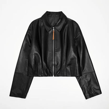 Natural Leather jacket For Women Lambskin Bomber Biker Jacket Long Sleeves 100% Sheepskin Leather Coat  Folded Short Tops Woman