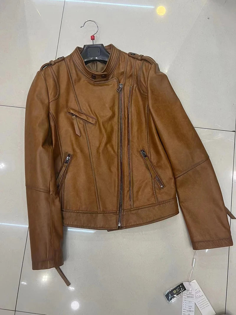 Leather Coat Women Short All-match European Fashion Biker Genuine Sheepskin Black Jackets Zipper Pocket Jaqueta Couro Feminina