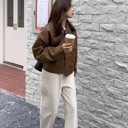 Sweet Lapel Collar Leather Jacket Women Outerwear Korean Chic Vintage PU Coats Retro Windbreaker Jackets Streetwear