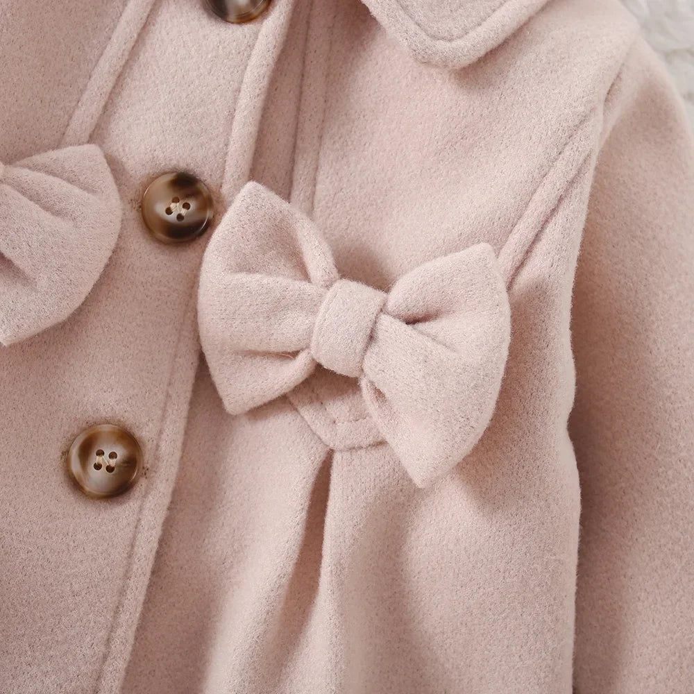Winter New Girls Sweater Coat Solid Color Bow Trench Coat Coat All Fashion Warm Coat Button Long Thick Coat