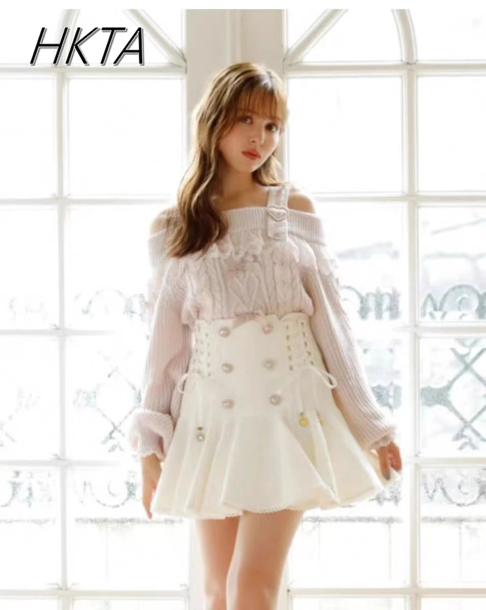 Japanese Sweet Bow Long-sleeve Knitted Pullover Sweater Autumn Winter New Off-shoulder Sexy Lolita Girls Liz Sweater Jumper Top