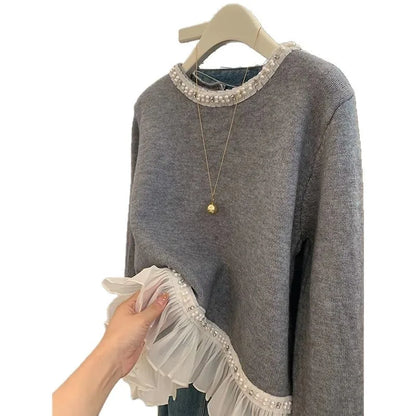 New Winter Sweet Loose Beaded Ruffled Pink Sweater for Women Fashion Versatile Casual and Elegant Knitted Sweater