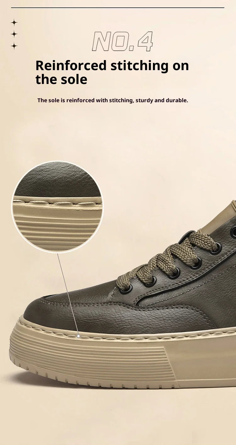 Genuine Leather Men's Casual Shoes, Thick-soled, Anti-slip, Wear-resistant, Height-increasing, Street Fashion, Retro Board Shoes