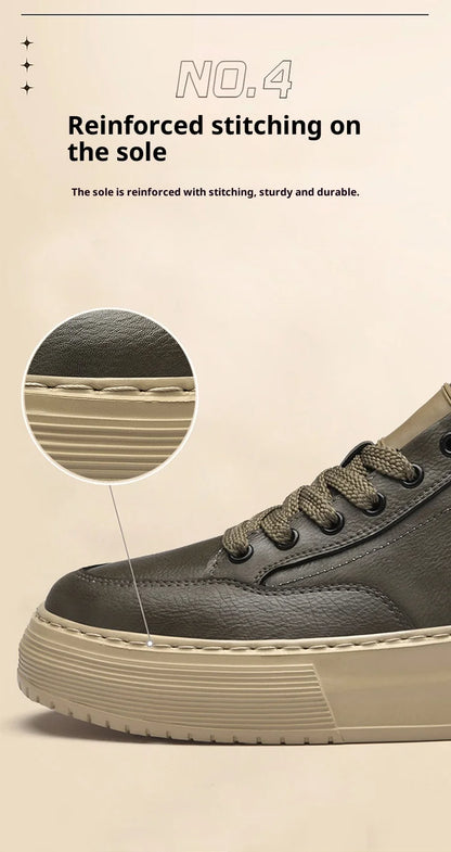 Genuine Leather Men's Casual Shoes, Thick-soled, Anti-slip, Wear-resistant, Height-increasing, Street Fashion, Retro Board Shoes