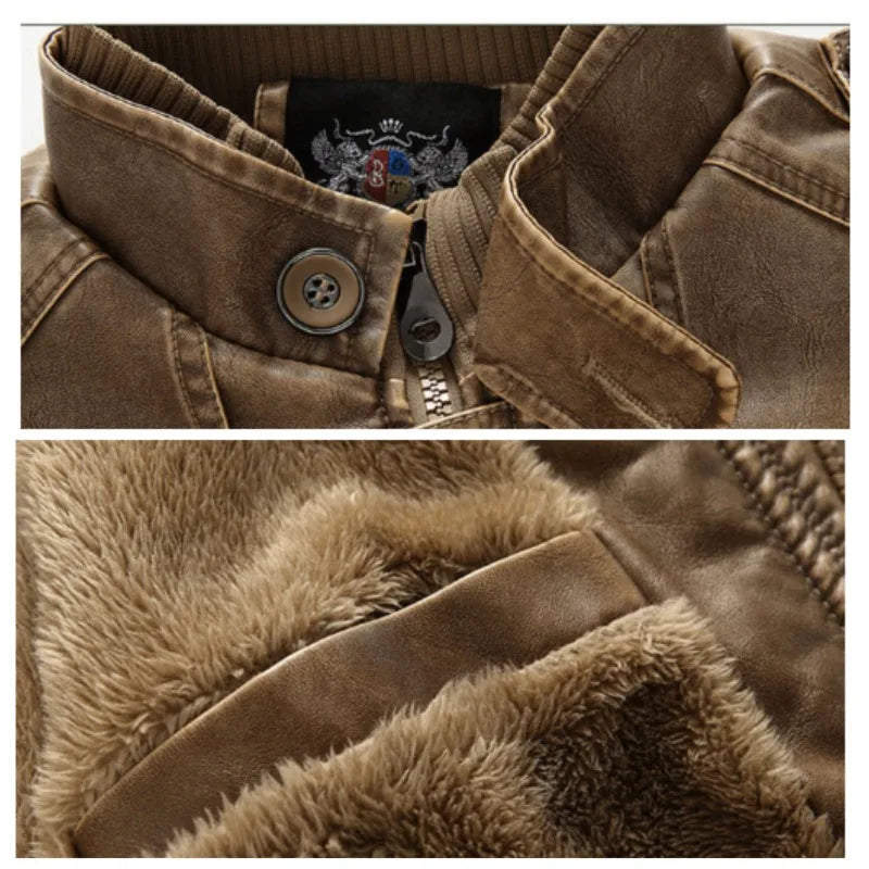 Leather Coat Men Stand-up Collar Autumn Winter New Men Mid-Length Casual Fashion Slim Fit Solid Color Leathercoat Fleece Jacket