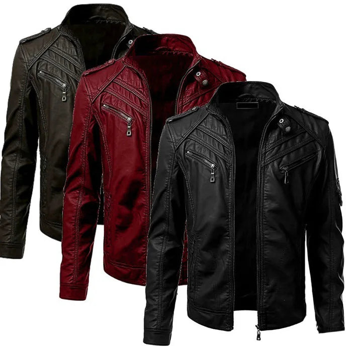 The new casual high-end fashion leather coat men sell European and American solid color handsome stand-up collar jacket