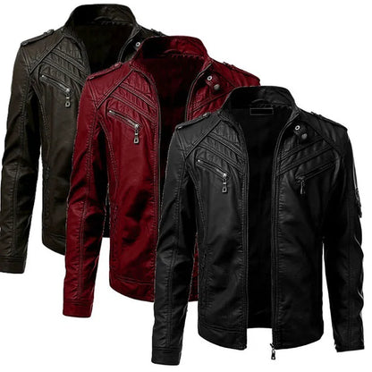 The new casual high-end fashion leather coat men sell European and American solid color handsome stand-up collar jacket