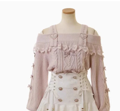 Sweet Lolita Winter Clothes Women Off Shoulder Sweater Pullover Student Elegant Long Sleeve Knitwear Bow Lace Waist Slim Sweater
