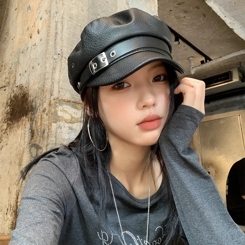 New Women's PU Leather Beret Hat Vintage England Flat Top Newsboy Caps Outdoor Casual Visor Black Artist Fashion Painter Hat