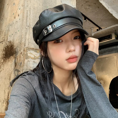 New Women's PU Leather Beret Hat Vintage England Flat Top Newsboy Caps Outdoor Casual Visor Black Artist Fashion Painter Hat