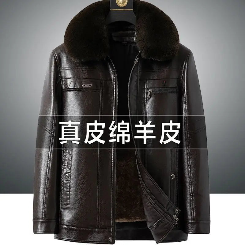 Natural Leather Jacket For Men Fur Thick Loose Plus Velvet Winter Black Leather Coats Male Sheepskin Coat Man With Fur Collar