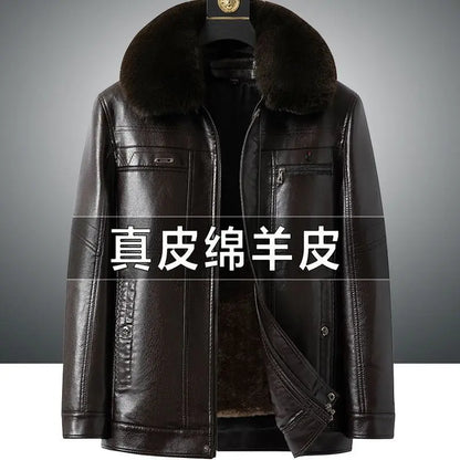 Natural Leather Jacket For Men Fur Thick Loose Plus Velvet Winter Black Leather Coats Male Sheepskin Coat Man With Fur Collar