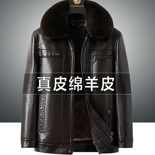 Natural Leather Jacket For Men Fur Thick Loose Plus Velvet Winter Black Leather Coats Male Sheepskin Coat Man With Fur Collar