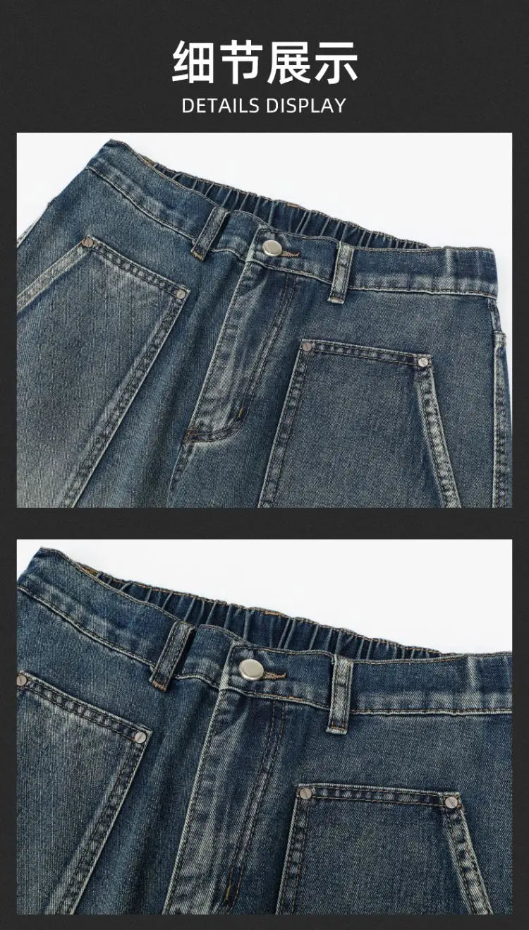 Men's Jeans Spring And Autumn Fashion Straight Tube Loose Washed Casual American Retro Original Color Wide Rivet Logging Pants