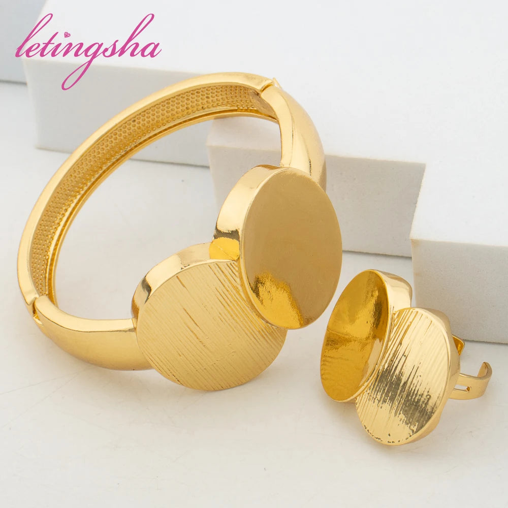 Fashion Jewelry Set for Women Large Hoop Earrings and Bangle Ring Weddings Bride Trendy Bracelet and Earrings Jewelry Set