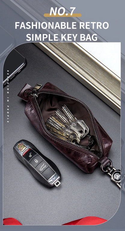 BULLCAPTAIN Genuine Leather Men's Car Keychain Leather Key Case High Quality Men's Butler Key Clip Zipper Two Card Key Case