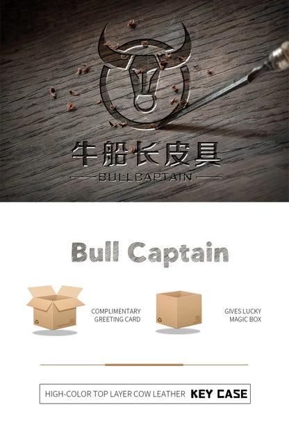 BULLCAPTAIN Genuine Leather Men's Car Keychain Leather Key Case High Quality Men's Butler Key Clip Zipper Two Card Key Case