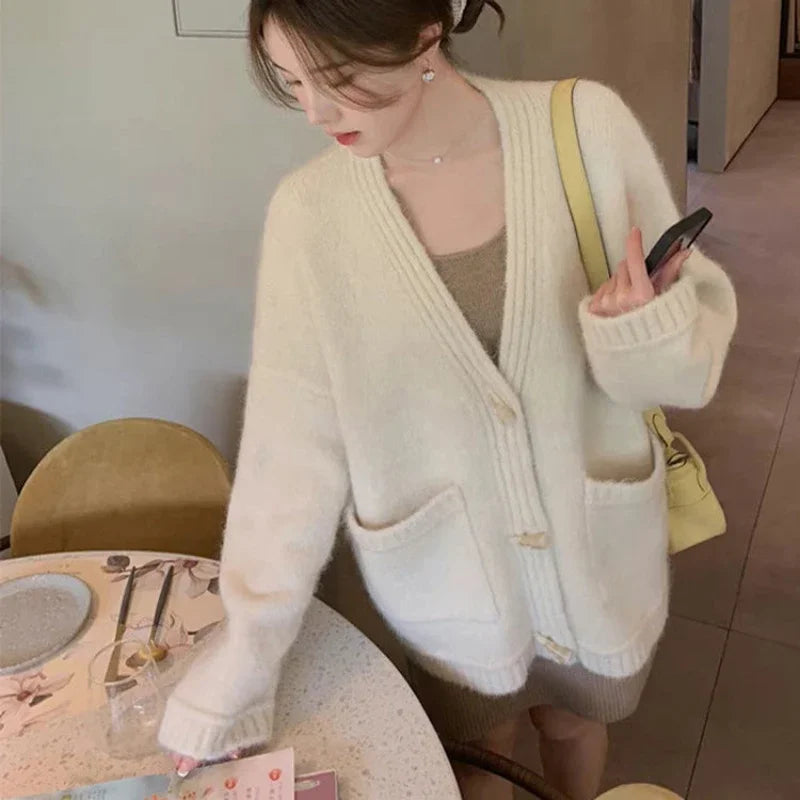 Ladies Sweaters Winter Button Knitted Top for Women White Cardigan 2025 New Collection Jumper Long Sleeve Knitwear Korean Luxury