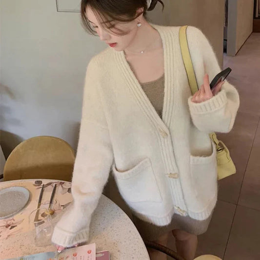 Ladies Sweaters Winter Button Knitted Top for Women White Cardigan 2025 New Collection Jumper Long Sleeve Knitwear Korean Luxury