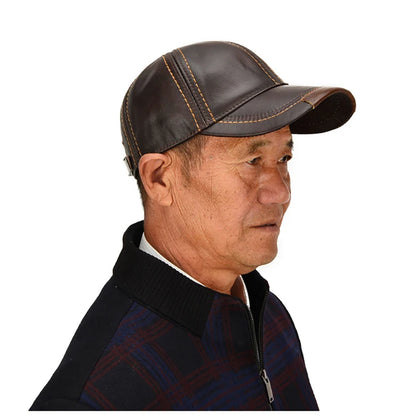Men Real Cowhide Leather Earlap Caps Male Fall Winter 100% Real Cow Leather Hats New Casual Real Leather Outdoor Baseball Cap