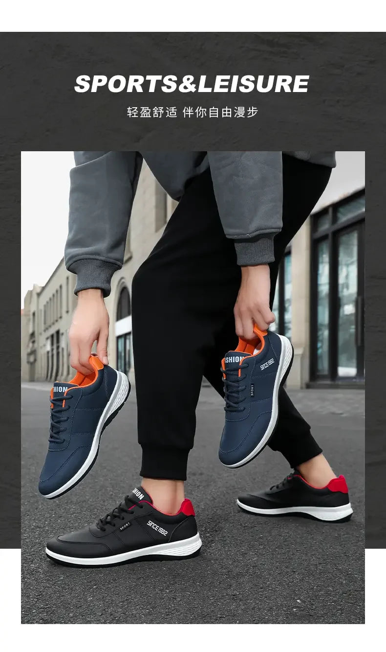 Artificial Leather Men's Casual Shoes Spring Men's Casual Lightweight Sports Shoes Lace Up Flat Shoes Breathable Outdoor Jogging
