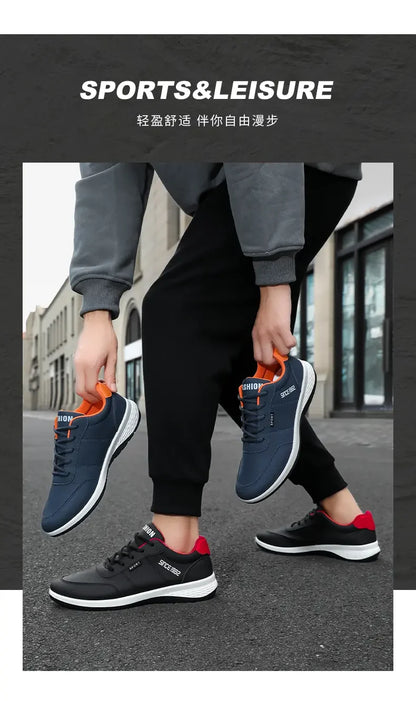 Artificial Leather Men's Casual Shoes Spring Men's Casual Lightweight Sports Shoes Lace Up Flat Shoes Breathable Outdoor Jogging
