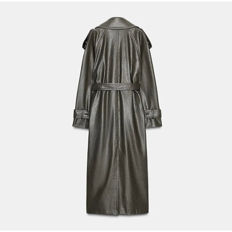 Elegant Women's Double Breasted Long Leather Coat With Belt Lapel Full Sleeve Pockets Jacket 2025 Autumn Winter Lady Outwear New