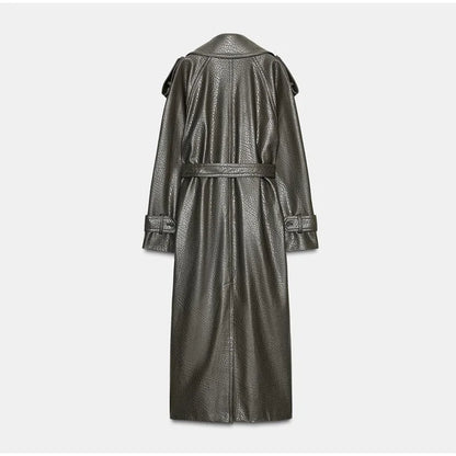 Elegant Women's Double Breasted Long Leather Coat With Belt Lapel Full Sleeve Pockets Jacket 2025 Autumn Winter Lady Outwear New