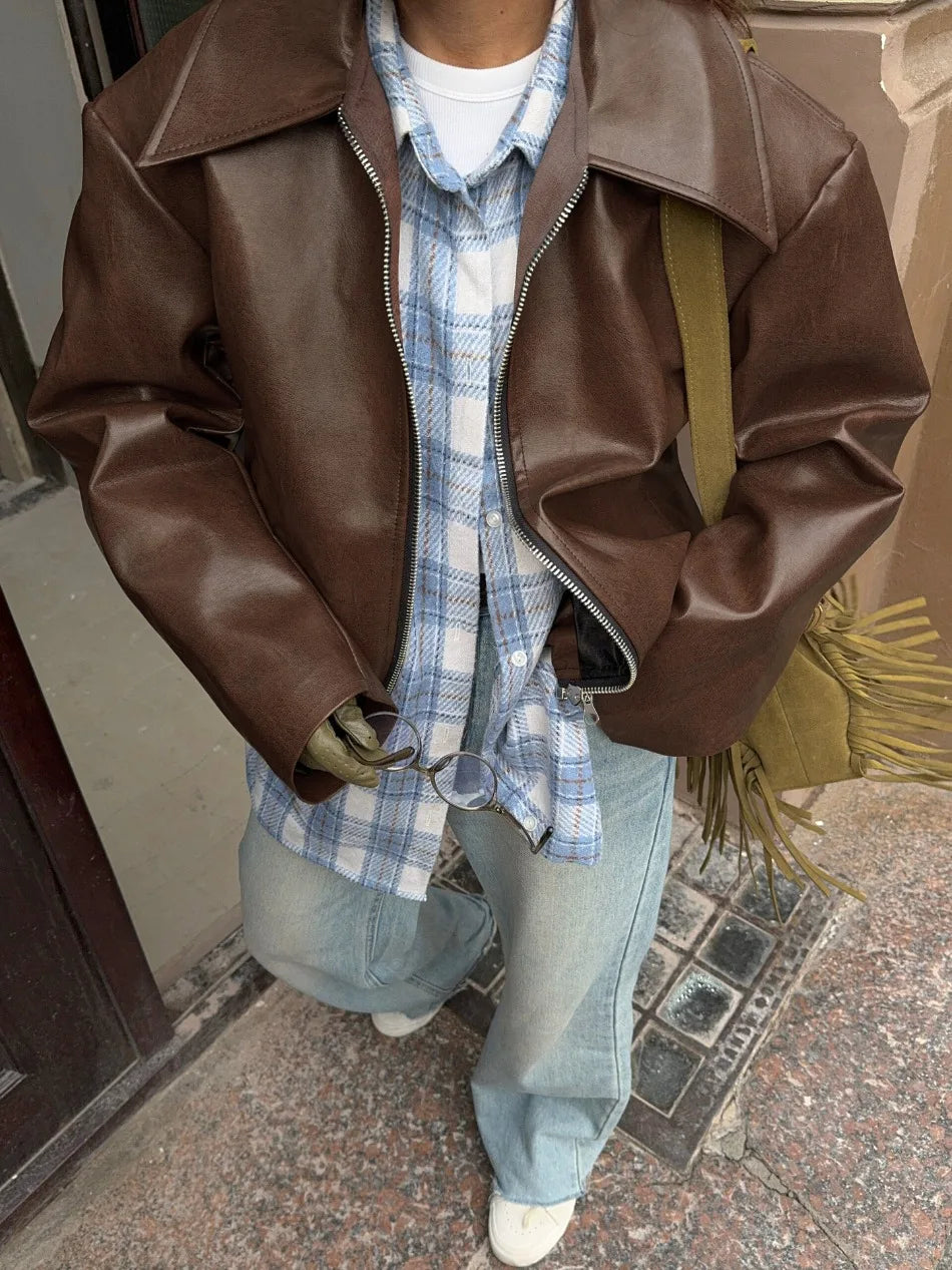 Locomotive Leather Jacket 2025 Europe America Autumn Winter New Loose Coat Fashion Cross-border Leather Jacket New Women's Coat