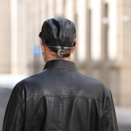 Leather Cap  Men's Imitation Sheepskin Beret  Leather Hat The Elderly Forward Hat  Artificial Leather Hat Literary and Retro