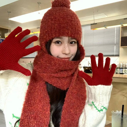 Winter Sweet Girl's Must-have - Wool Blend Beanie with Scarf and Shiny Furball