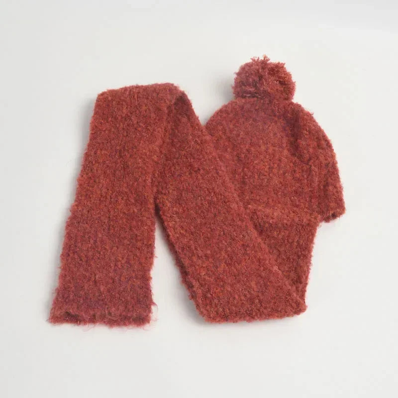 Winter Sweet Girl's Must-have - Wool Blend Beanie with Scarf and Shiny Furball