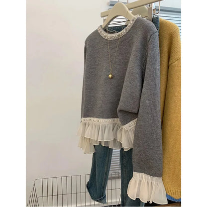 New Winter Sweet Loose Beaded Ruffled Pink Sweater for Women Fashion Versatile Casual and Elegant Knitted Sweater