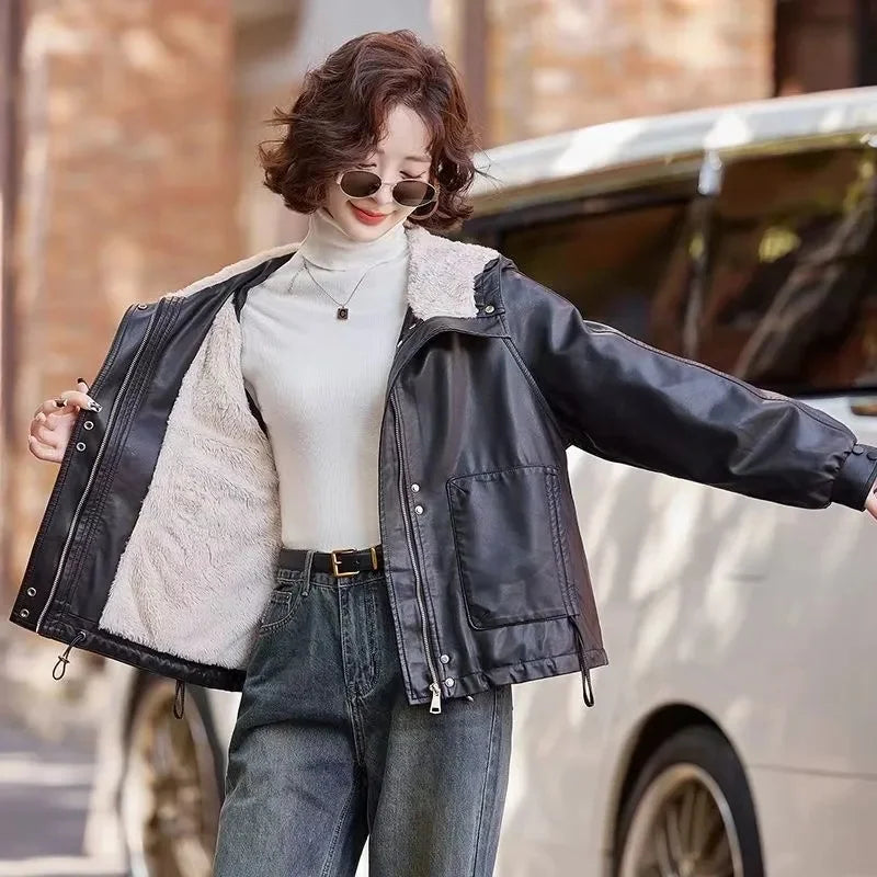 2025 Winter Leather Jacket Women Add-velvet Thicken Warm Coats Loose Hooded Short Jackets Streetwear Windproof Leather Outerwear