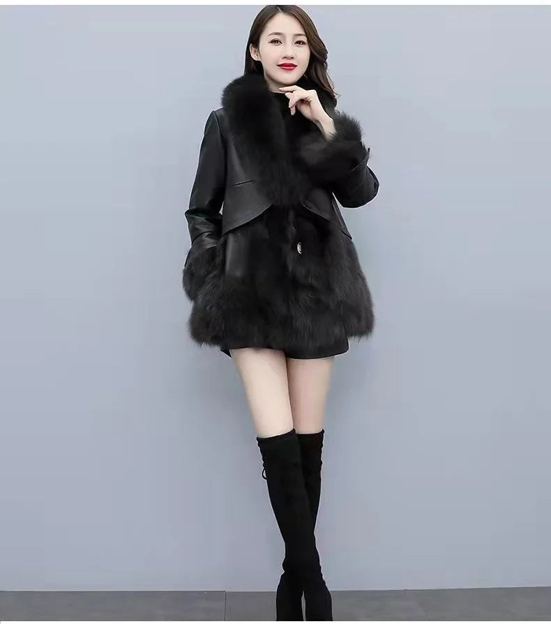 Chic Leather Jacket Women's Overcoat 2024 Autumn Winter New Faux Fox Fur Mid-Length PU Leather Stitching Thick Warm Coat Outwear