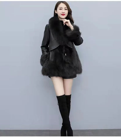 Chic Leather Jacket Women's Overcoat 2024 Autumn Winter New Faux Fox Fur Mid-Length PU Leather Stitching Thick Warm Coat Outwear
