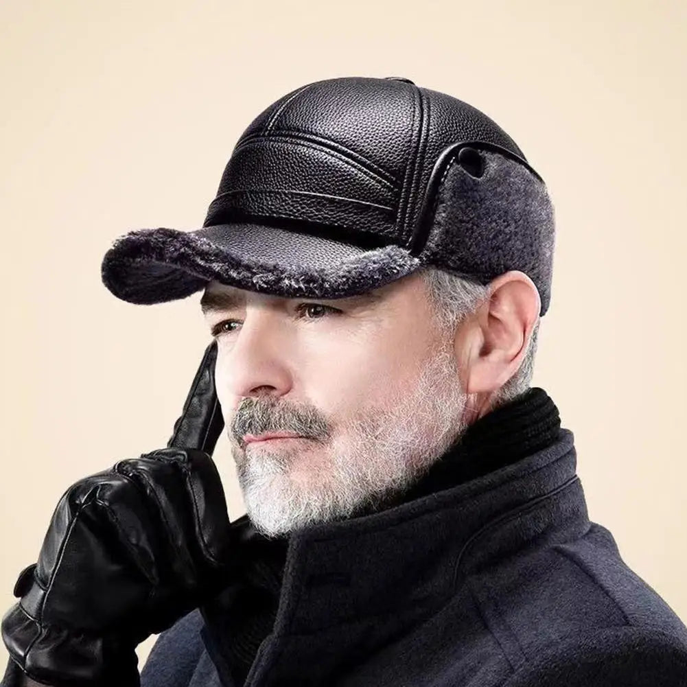 PU Leather Baseball Cap Men Winter Warm Hat Dad Grandpa Thermal Hat Thick Warm Leather Hat Old Man Ear Protection Cap