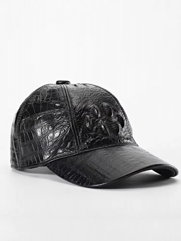 Fashion Mens Crocodile Pattern Cowhide Genuine Leather Peaked Cap Outside Casual Sun Protected Travel Baseball Cap Adjustable