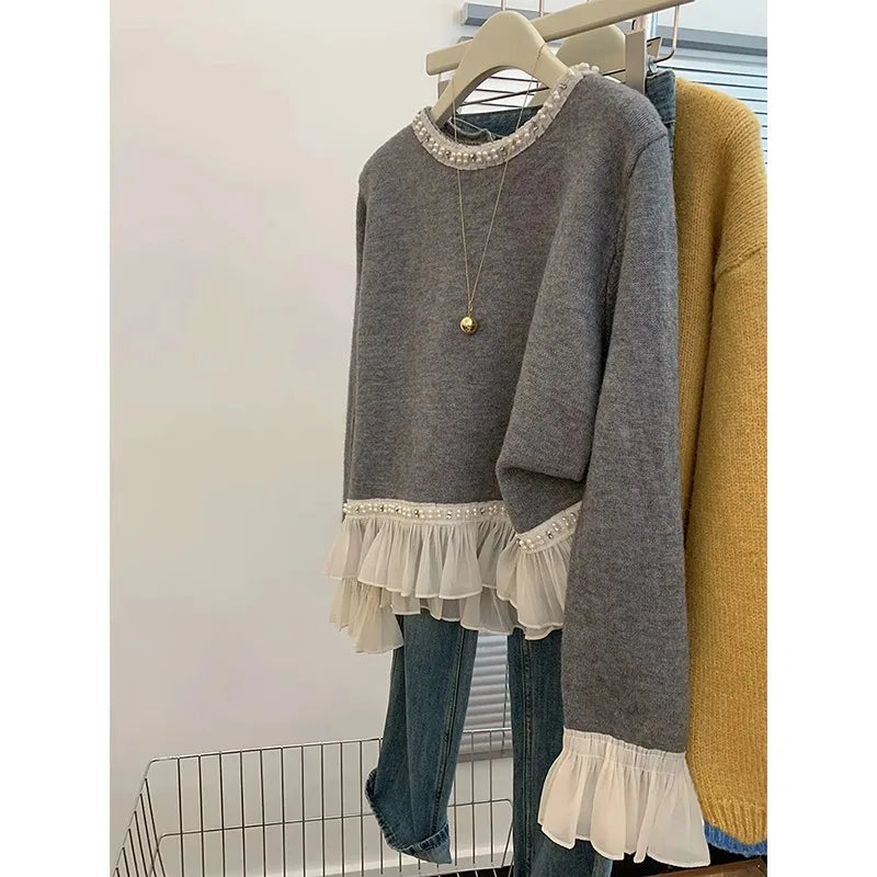 New Winter Sweet Loose Beaded Ruffled Pink Sweater for Women Fashion Versatile Casual and Elegant Knitted Sweater