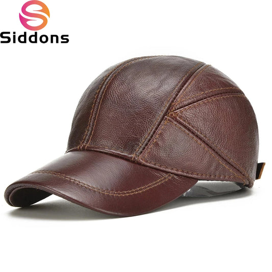 Men's 2025 Casual Real Leather Earflap Cap Men Real Cowhide Leather Caps Male Fall Winter Genuine Real Cow Leather Baseball Hats