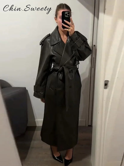 Elegant Women's Double Breasted Long Leather Coat With Belt Lapel Full Sleeve Pockets Jacket 2025 Autumn Winter Lady Outwear New