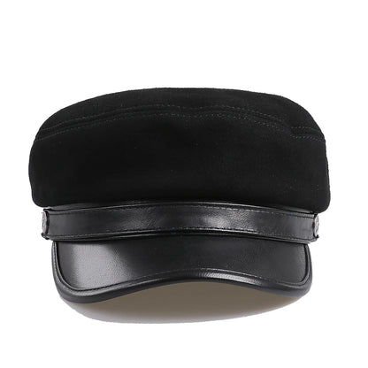 BOONJOVIA 100% Genuine Suede Leather Unisex Classic British Flat Top Cap-Military Army Style Sailo Hat-Breton Fiddler Hat